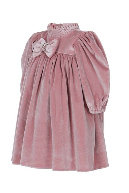 Buy_Pooja Wang_Pink Velvet Bows, Beads, Stones Modern Muse Dress _Online_at_Aza_Fashions