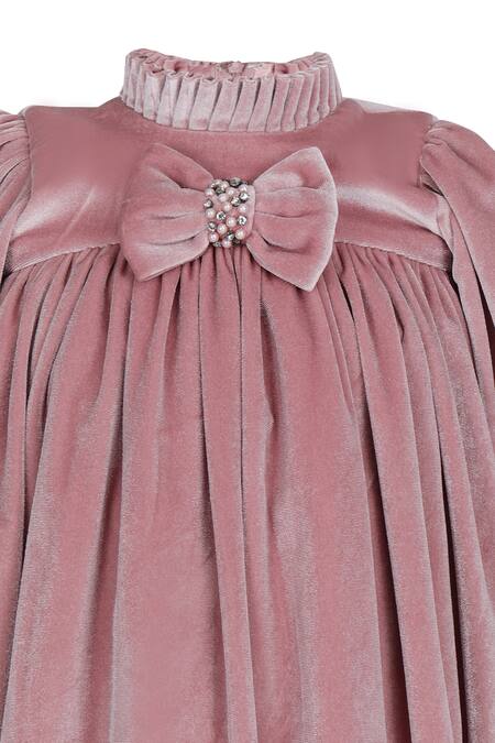 Shop_Pooja Wang_Pink Velvet Bows, Beads, Stones Modern Muse Dress _Online_at_Aza_Fashions