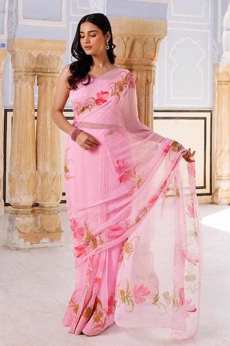Geroo Jaipur Printed Pre-Draped Saree With Unstitched Blouse Piece 