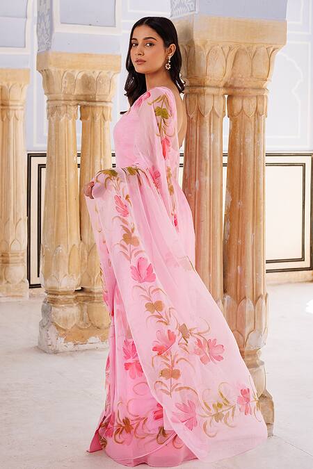 Geroo Jaipur Pink Chiffon Foil Printed Pre-draped Saree With Unstitched Blouse Piece Online at Aza Fashions Geroo Jaipur_Pink Chiffon Foil Printed Pre-draped Saree With Unstitched Blouse Piece _Online_at_Aza_Fashions