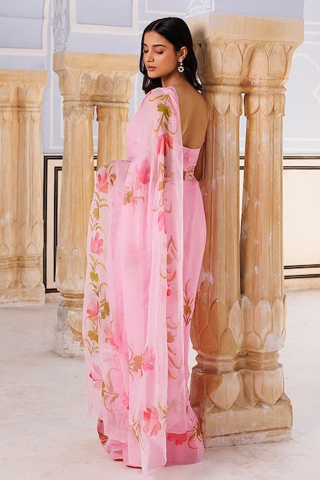 Geroo Jaipur Printed Pre-Draped Saree With Unstitched Blouse Piece 