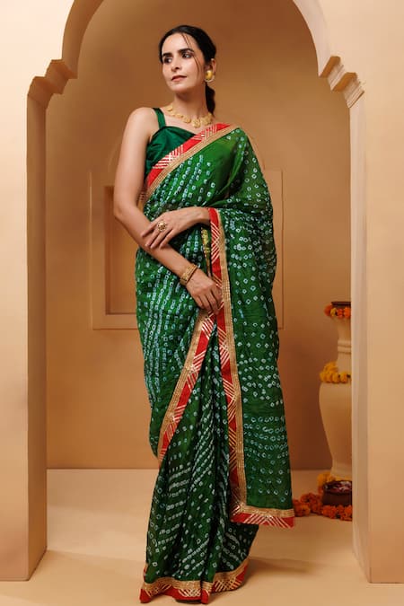 Geroo Jaipur Bandhani Pattern Pre-Draped Saree With Unstitched Blouse Piece 