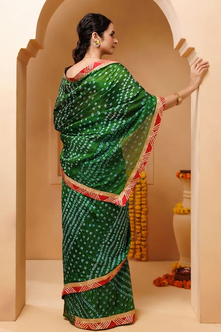 Geroo Jaipur Bandhani Pattern Pre-Draped Saree With Unstitched Blouse Piece 