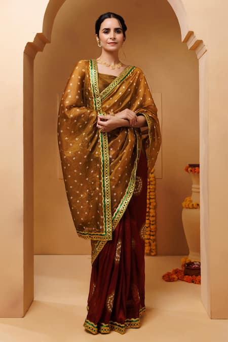 Geroo Jaipur Bandhani Print Pre-Draped Saree With Unstitched Blouse Piece 