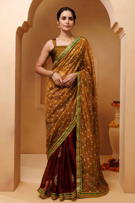 Geroo Jaipur_Brown Silk Bandhani Print Pre-draped Saree With Unstitched Blouse Piece _Online_at_Aza_Fashions