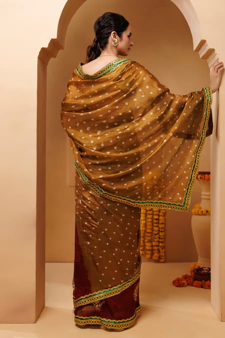 Geroo Jaipur Bandhani Print Pre-Draped Saree With Unstitched Blouse Piece 