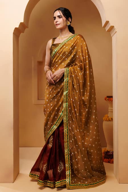 Buy_Geroo Jaipur_Brown Silk Bandhani Print Pre-draped Saree With Unstitched Blouse Piece _Online_at_Aza_Fashions