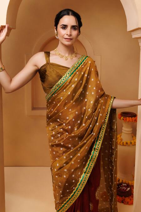 Shop_Geroo Jaipur_Brown Silk Bandhani Print Pre-draped Saree With Unstitched Blouse Piece _Online_at_Aza_Fashions