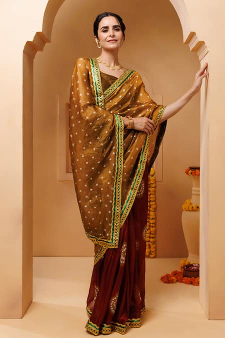 Geroo Jaipur_Brown Silk Bandhani Print Pre-draped Saree With Unstitched Blouse Piece _at_Aza_Fashions