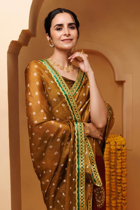 Shop_Geroo Jaipur_Brown Silk Bandhani Print Pre-draped Saree With Unstitched Blouse Piece 