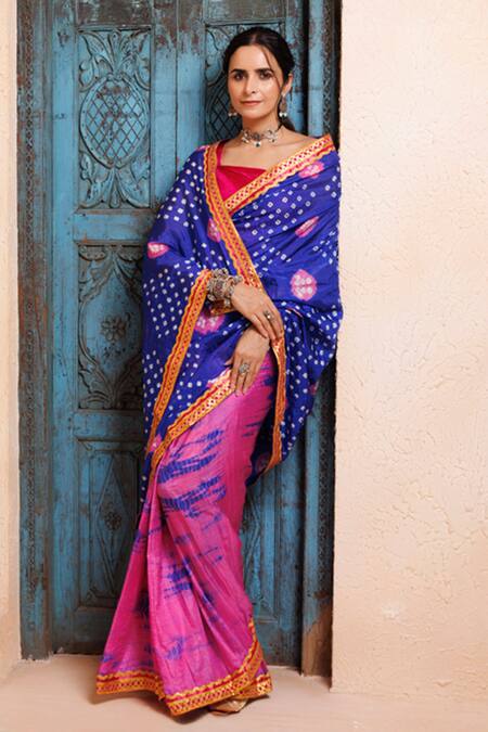 Geroo Jaipur_Pink Silk Zari Bandhani Print Pre-draped Saree With Unstitched Blouse Piece _Online_at_Aza_Fashions