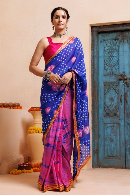 Geroo Jaipur Bandhani Print Pre-Draped Saree With Unstitched Blouse Piece 