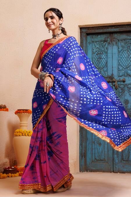 Buy_Geroo Jaipur_Pink Silk Zari Bandhani Print Pre-draped Saree With Unstitched Blouse Piece 