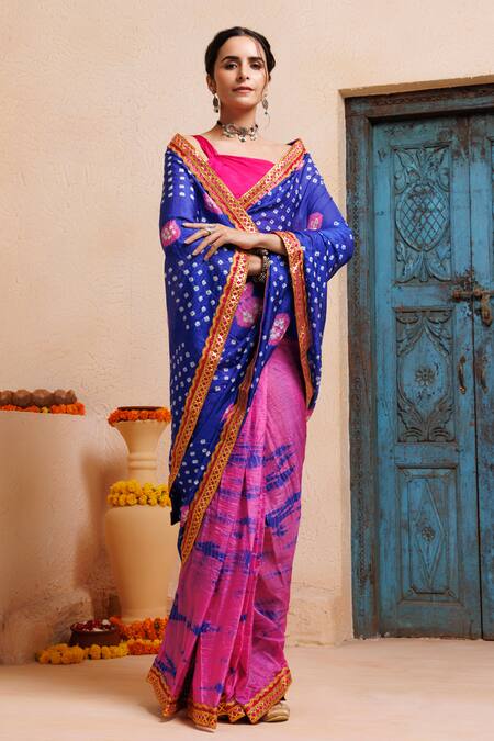 Shop_Geroo Jaipur_Pink Silk Zari Bandhani Print Pre-draped Saree With Unstitched Blouse Piece 