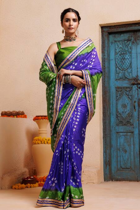 Shop_Geroo Jaipur_Blue Silk Zari Bandhani Print Pre-draped Saree With Unstitched Blouse _Online_at_Aza_Fashions