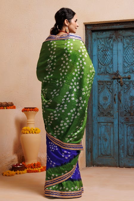 Geroo Jaipur Bandhani Print Pre-Draped Saree With Unstitched Blouse 