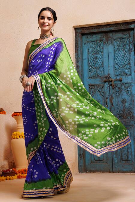 Geroo Jaipur_Blue Silk Zari Bandhani Print Pre-draped Saree With Unstitched Blouse _at_Aza_Fashions
