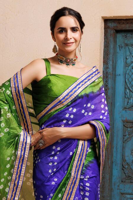 Buy_Geroo Jaipur_Blue Silk Zari Bandhani Print Pre-draped Saree With Unstitched Blouse 