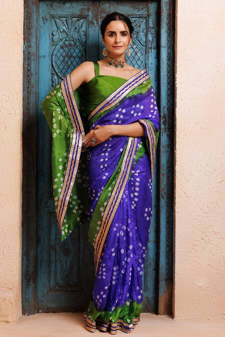 Shop_Geroo Jaipur_Blue Silk Zari Bandhani Print Pre-draped Saree With Unstitched Blouse 