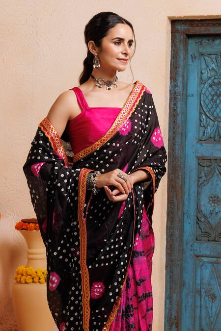 Buy_Geroo Jaipur_Pink Silk Zari Bandhani Print Pre-draped Saree With Unstitched Blouse Piece _Online_at_Aza_Fashions