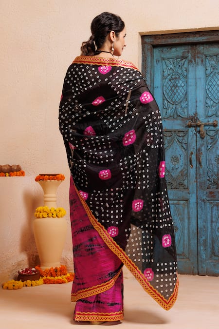 Geroo Jaipur Bandhani Print Pre-Draped Saree With Unstitched Blouse Piece 