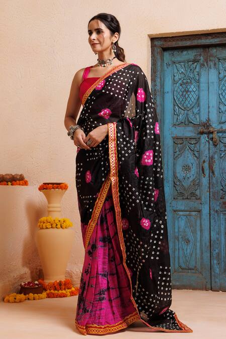 Shop_Geroo Jaipur_Pink Silk Zari Bandhani Print Pre-draped Saree With Unstitched Blouse Piece 
