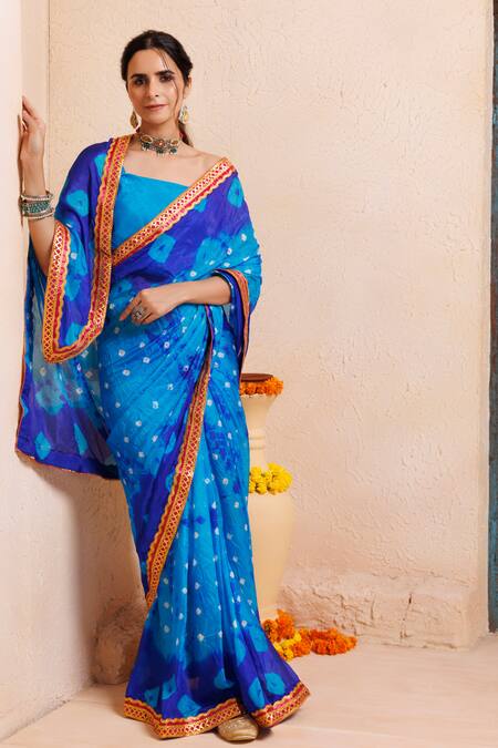 Geroo Jaipur Blue Silk Zari Bandhani Print Pre-draped Saree With Unstitched Blouse at Aza Fashions Geroo Jaipur_Blue Silk Zari Bandhani Print Pre-draped Saree With Unstitched Blouse _at_Aza_Fashions