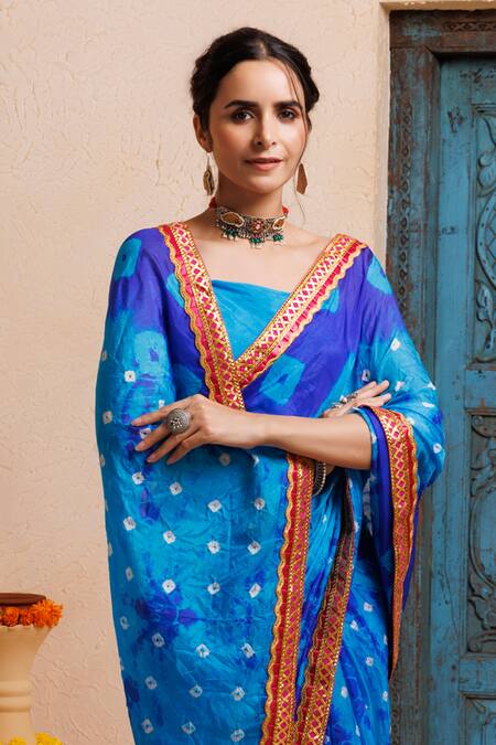 Buy Geroo Jaipur Blue Silk Zari Bandhani Print Pre-draped Saree With Unstitched Blouse Buy_Geroo Jaipur_Blue Silk Zari Bandhani Print Pre-draped Saree With Unstitched Blouse
