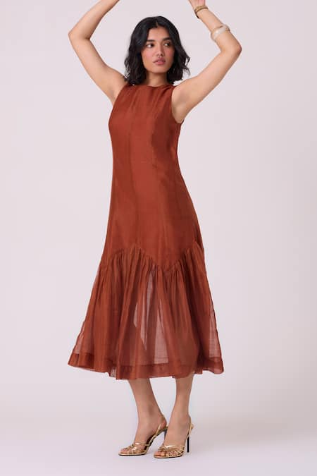 Shop_The Summer House_Brown Chanderi Round Neck Nadya Handwoven Midi Dress _Online_at_Aza_Fashions