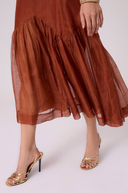 Buy_The Summer House_Brown Chanderi Round Neck Nadya Handwoven Midi Dress 
