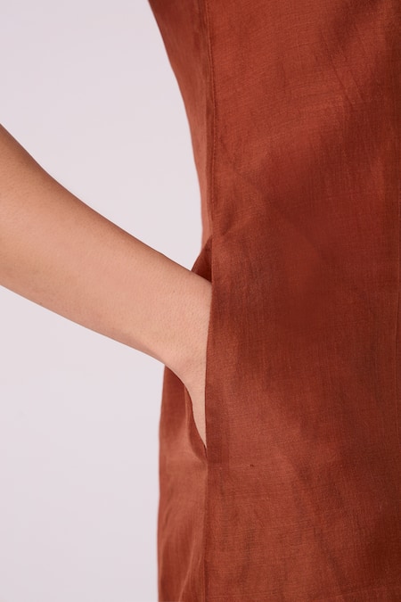 Shop_The Summer House_Brown Chanderi Round Neck Nadya Handwoven Midi Dress 