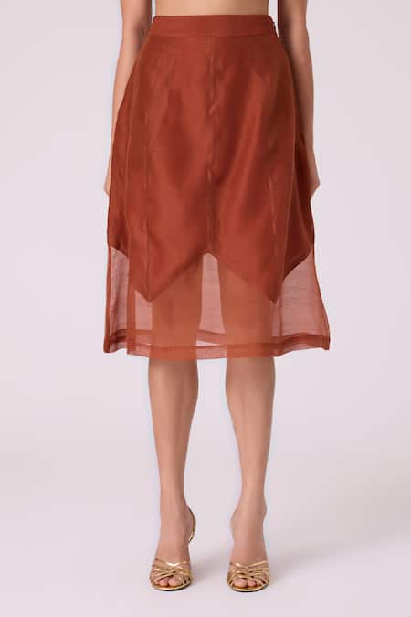 The Summer House_Brown Chanderi Lyubov Handwoven Asymmetric Skirt _at_Aza_Fashions