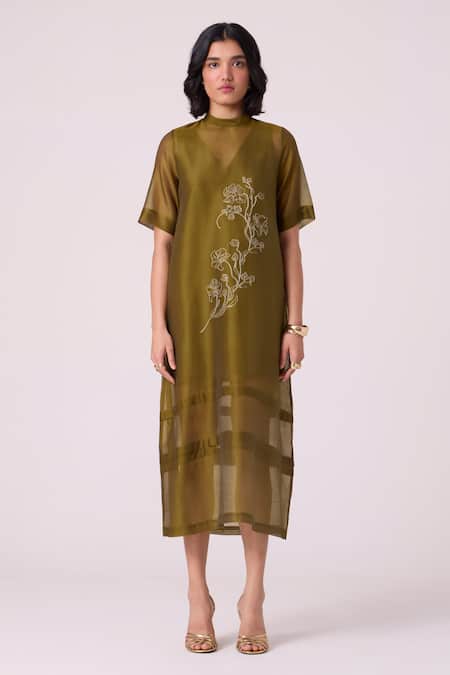 The Summer House_Green Chanderi Embroidery High Neck Larisa Floral Dress _Online_at_Aza_Fashions