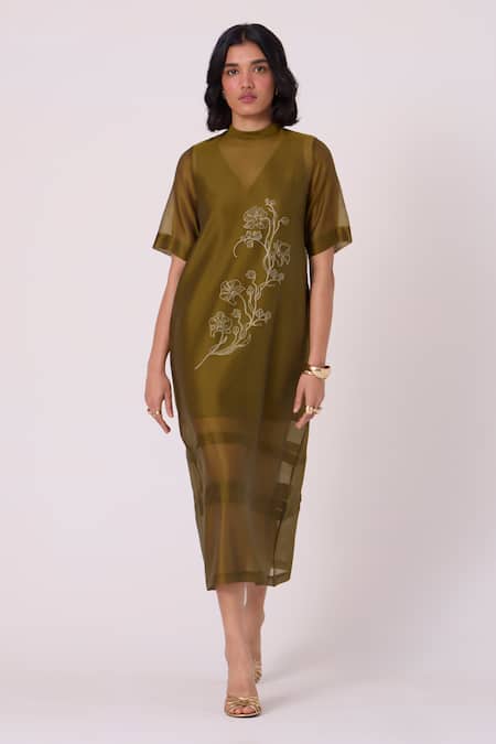 The Summer House_Green Chanderi Embroidery High Neck Larisa Floral Dress _at_Aza_Fashions