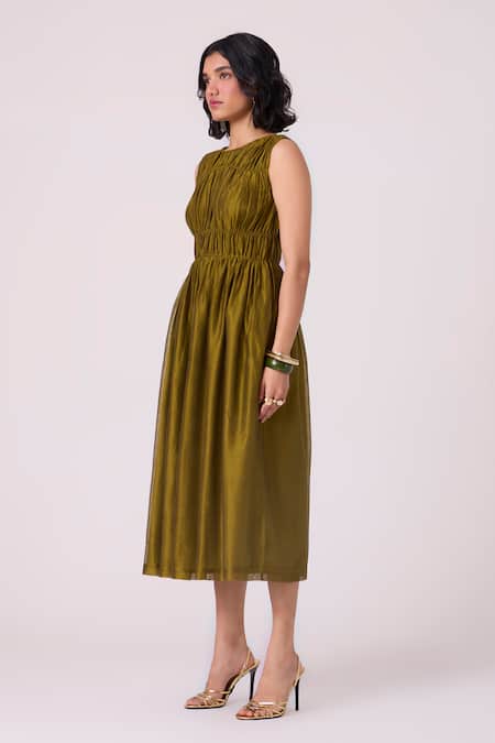 The Summer House_Green Chanderi Round Neck Timur Gathered Handwoven Dress _at_Aza_Fashions