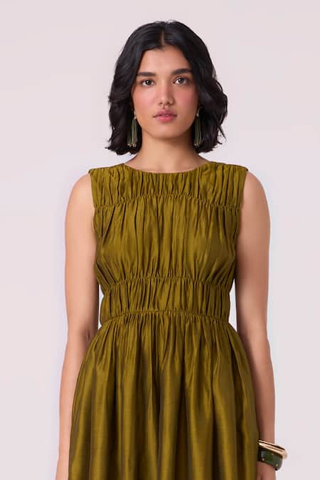 Shop_The Summer House_Green Chanderi Round Neck Timur Gathered Handwoven Dress 