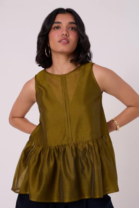Buy_The Summer House_Green Chanderi Round Neck Galina Handwoven Peplum Blouse 