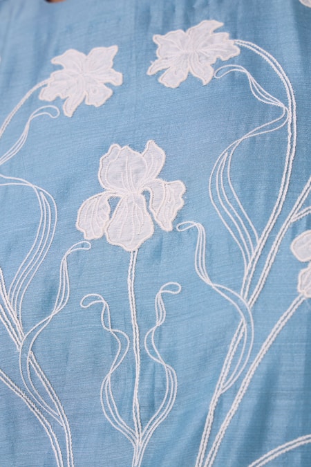 Shop_The Summer House_Blue Chanderi Embroidery Round Neck Aleksey Floral Dress 