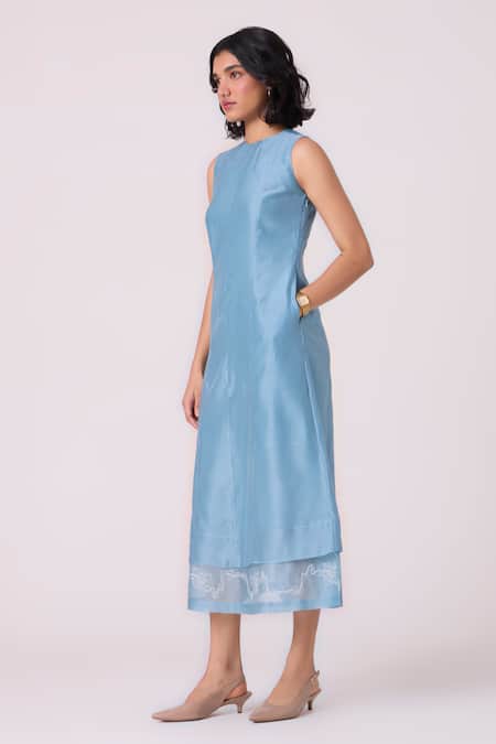 Shop_The Summer House_Blue Chanderi Embroidery Round Neck Milena Handwoven Dress 