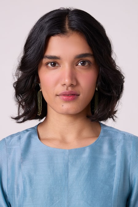 Buy_The Summer House_Blue Chanderi Round Neck Diana Handwoven Tiered Dress _Online_at_Aza_Fashions