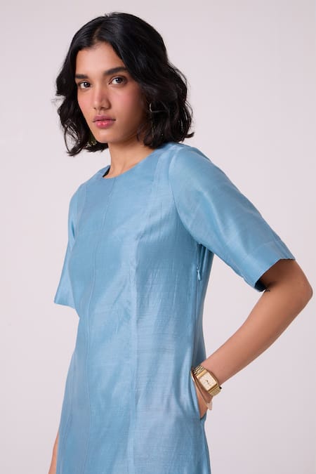 The Summer House_Blue Chanderi Round Neck Diana Handwoven Tiered Dress _at_Aza_Fashions