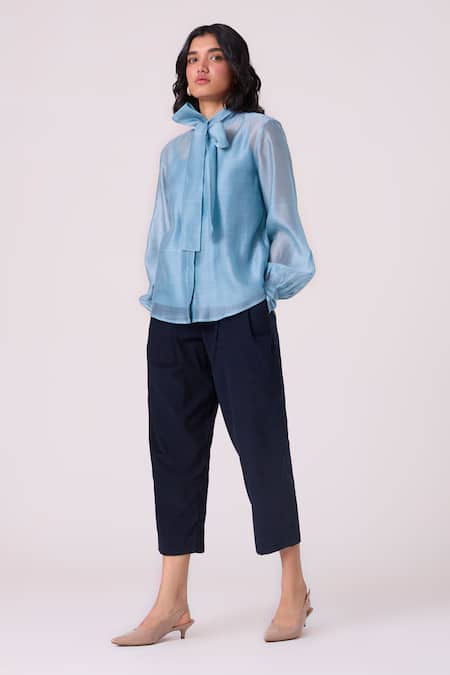 The Summer House_Blue Chanderi High Neck Pavel Handwoven Shirt _Online_at_Aza_Fashions