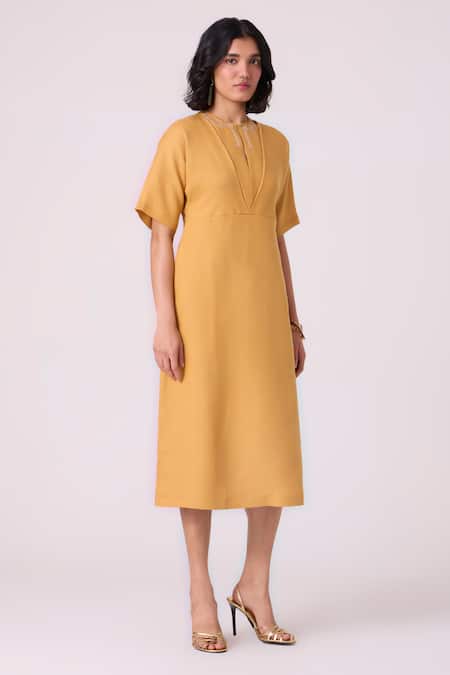 Buy_The Summer House_Yellow Linen Embroidery Round Neck Yarina Midi Dress _Online_at_Aza_Fashions