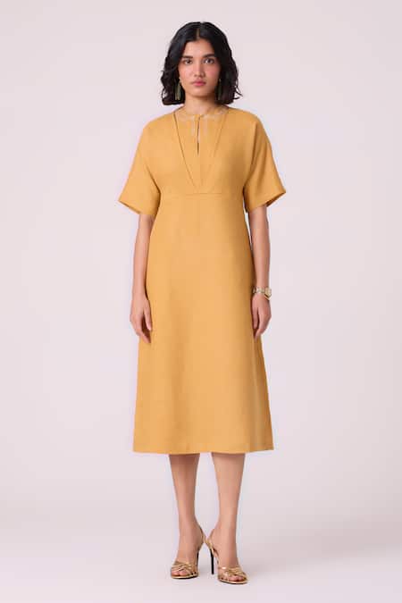 Shop_The Summer House_Yellow Linen Embroidery Round Neck Yarina Midi Dress _Online_at_Aza_Fashions