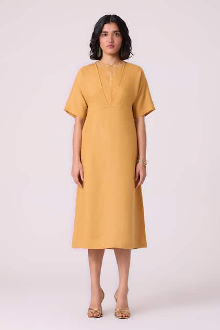 The Summer House_Yellow Linen Embroidery Round Neck Yarina Midi Dress _at_Aza_Fashions