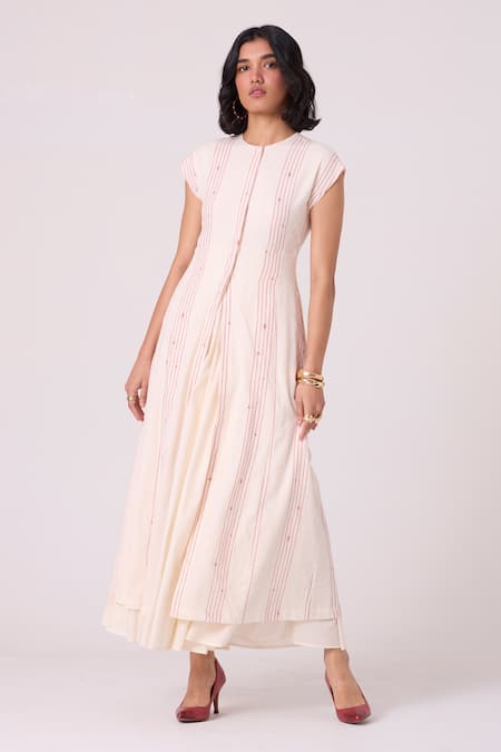 The Summer House_Off White Handloom Cotton Embroidery Round Neck Vesna Striped Handwoven Dress _Online_at_Aza_Fashions