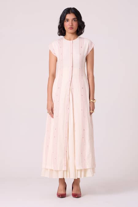 Buy_The Summer House_Off White Handloom Cotton Embroidery Round Neck Vesna Striped Handwoven Dress _Online_at_Aza_Fashions