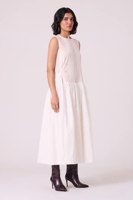Shop_The Summer House_Off White Handloom Cotton, Chanderi Embroidery Fyodor Striped Gathered Dress _Online_at_Aza_Fashions