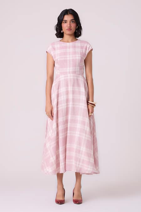 The Summer House_Red Handloom Cotton Round Neck Svetla Plaid Handwoven Dress _at_Aza_Fashions