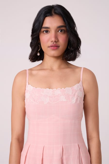 Shop_The Summer House_Pink Handloom Cotton Embroidery Square Neck Floral Midi Dress 